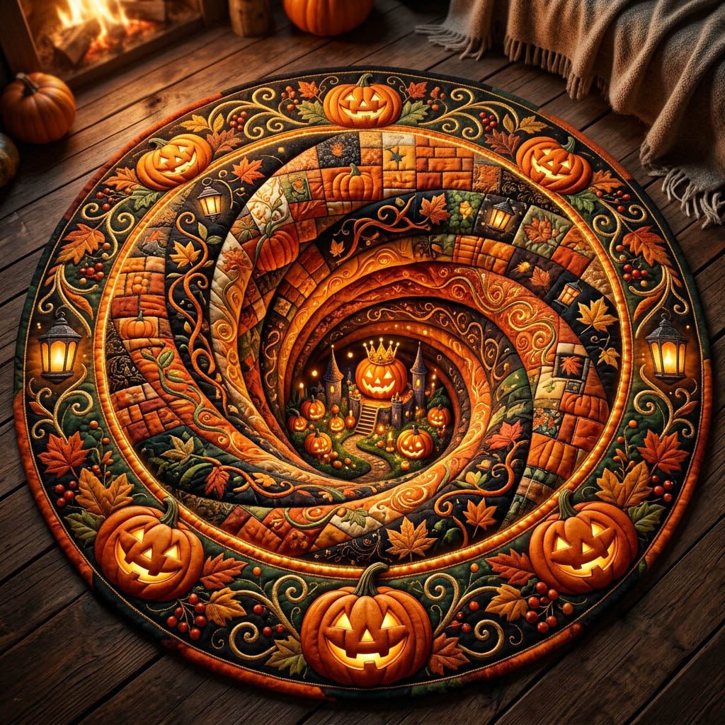 Pumpkin Kingdom Halloween Quilted Round Mat Halloween Pumpkin Castle Round Rug