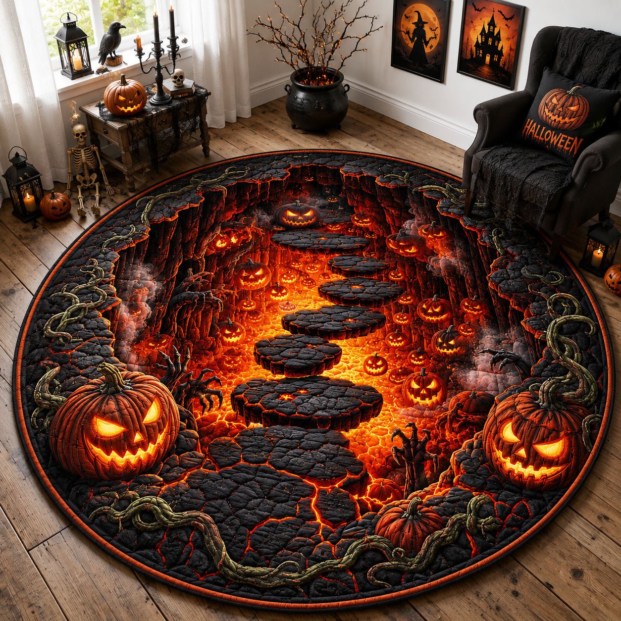 Pumpkin Lava Pit Halloween Quilted Round Mat Halloween Lava Pumpkins Merch Halloween House Gift
