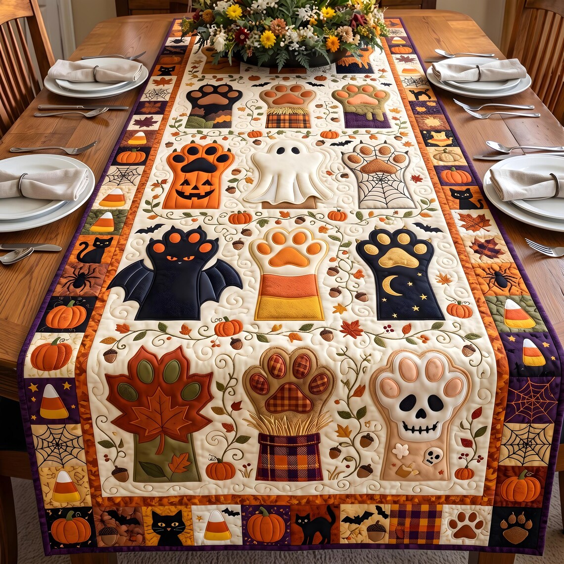 Pumpkin Maple Paws Quilt Table Runner Spooky Season Dining Decor Merch Gift For Her
