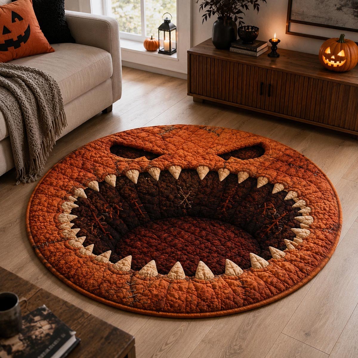 Pumpkin Maw Halloween Quilted Round Mat Scary Pumpkin Face Round Rug Cute Spooky Gifts Friends