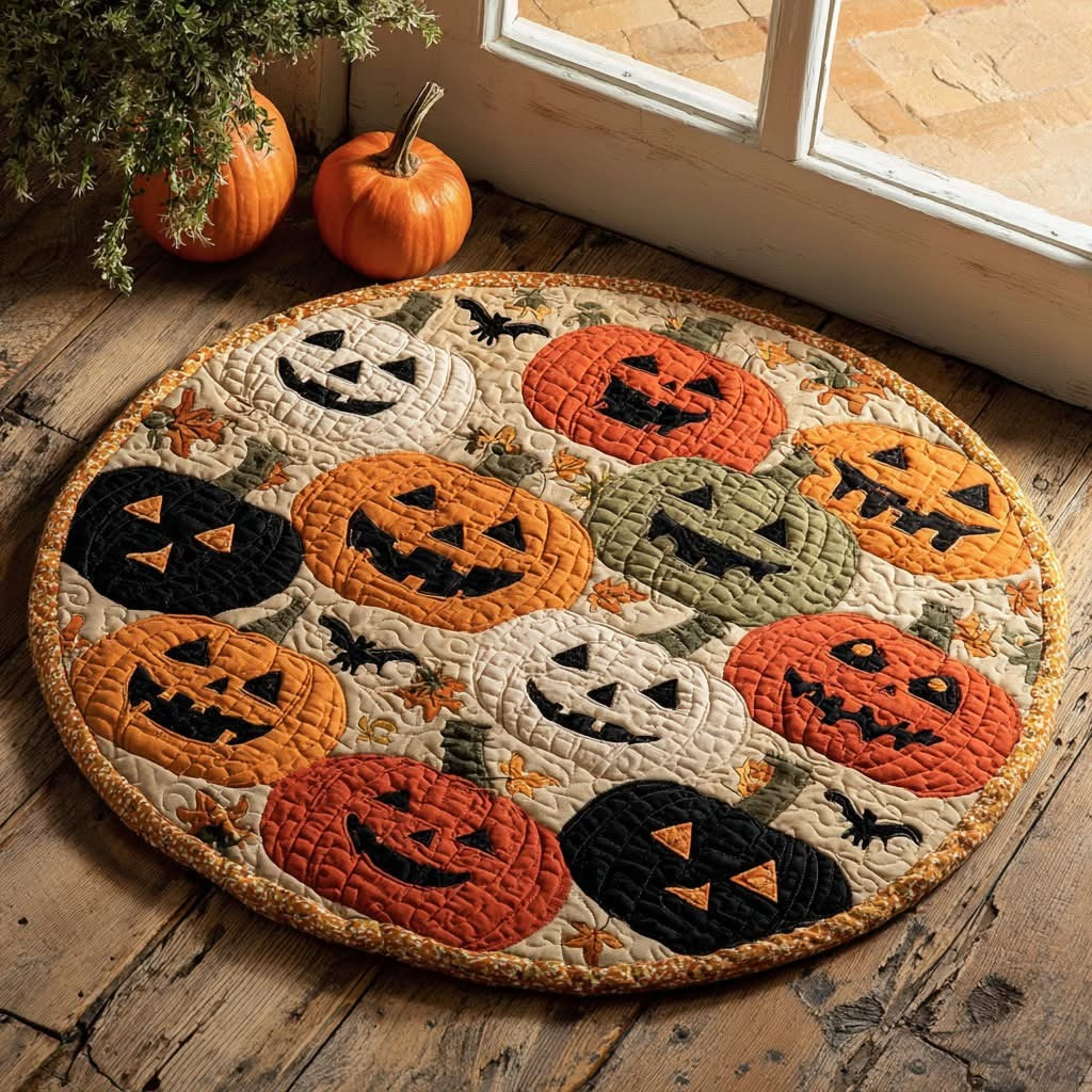 Pumpkin Parade Halloween Whirl Quilted Round Mat Circle Rug Carpet Autumn Fall Decorations