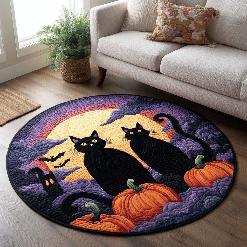 Pumpkin Patch Halloween Quilted Round Mat Black Cats And Pumpkins Round Rug Halloween Room Gift