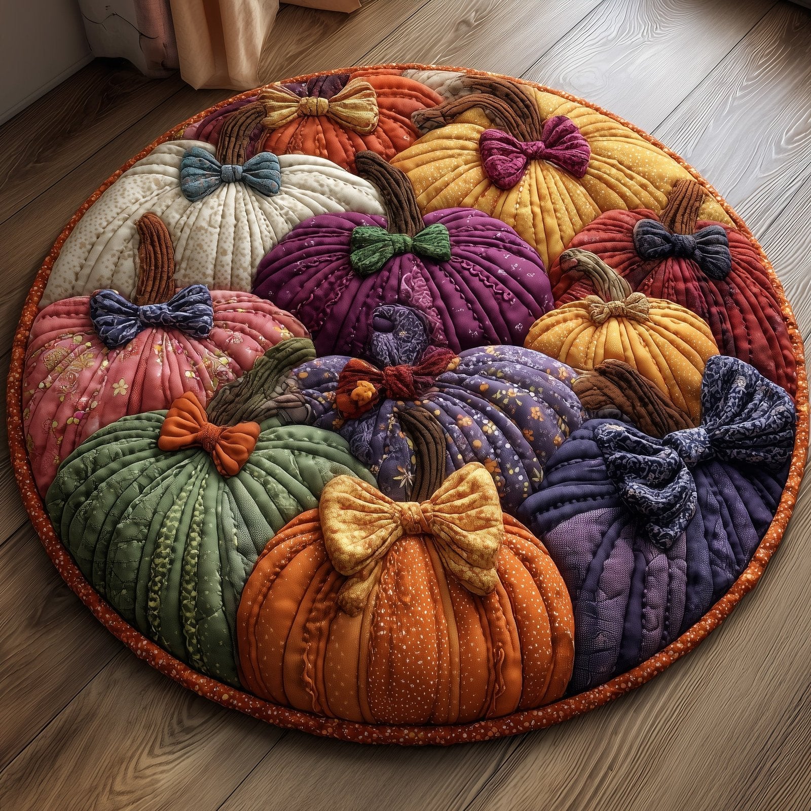 Pumpkin Patch Halloween Quilted Round Mat Pumpkin Bows Round Rug Halloween Home Gift