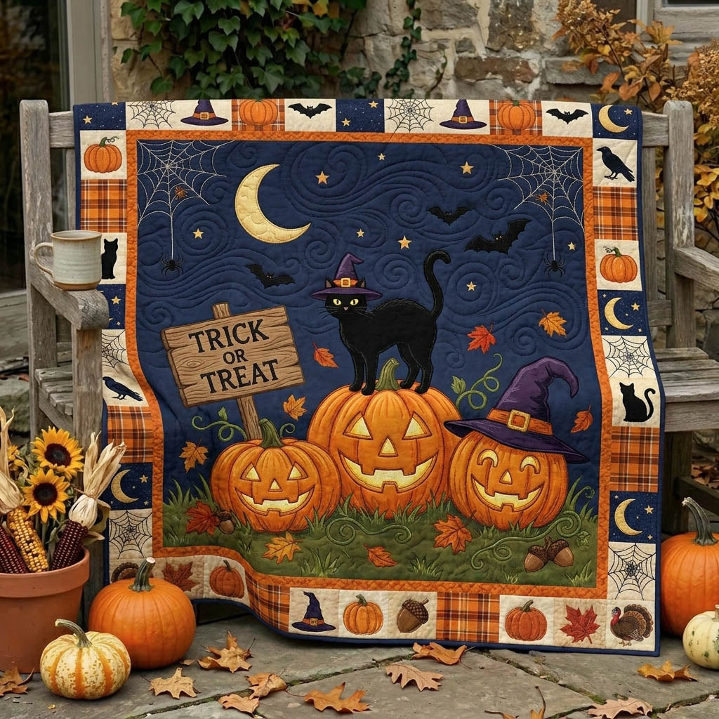 Pumpkin Patch Quilted Blanket Black Cat Pumpkins Merch Top Decor Gift