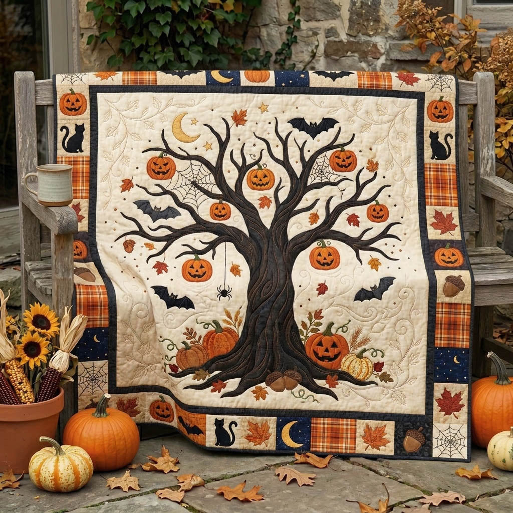 Pumpkin Patch Quilted Blanket Halloween Tree Pumpkins Merch Gift For Home Decor