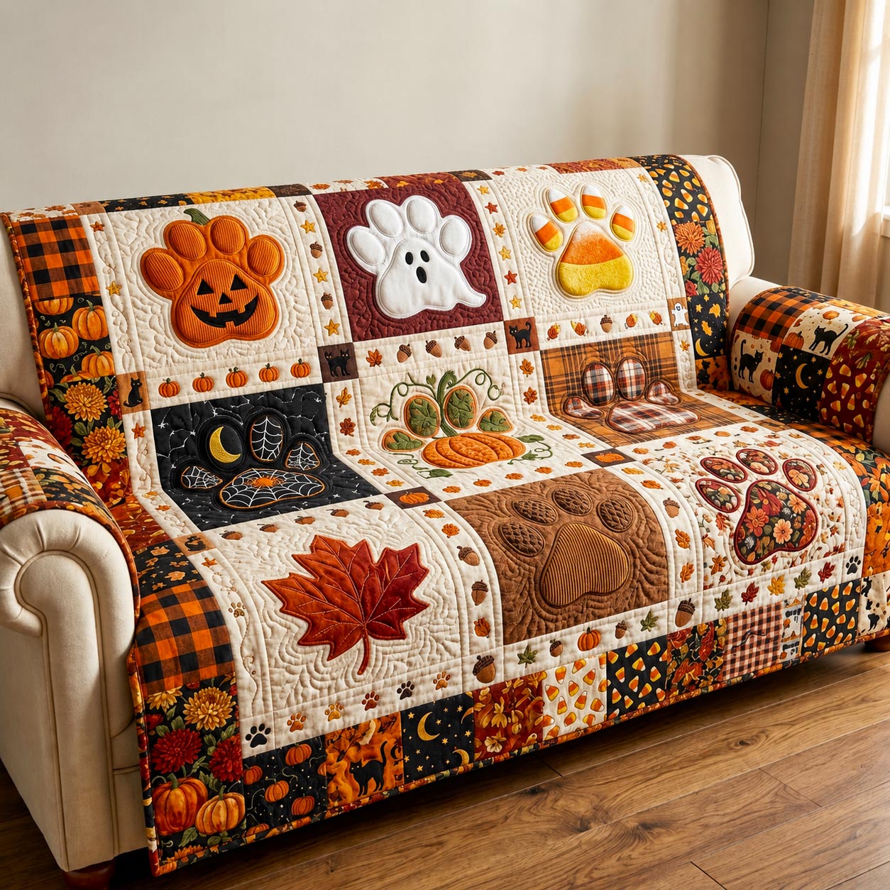 Pumpkin Paws Quilted Sofa Cover Rustic Pumpkin Couch Cover Gift For Cozy Spaces