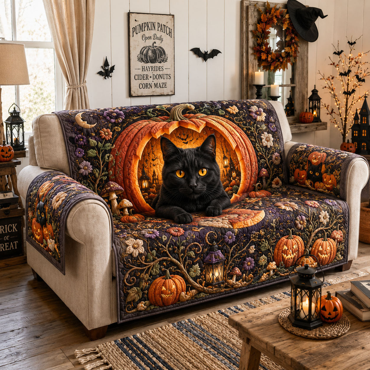 Pumpkin Portal Guardian Cat Quilted Sofa Cover Pumpkin Patch Couch Cover Room Gift For Her