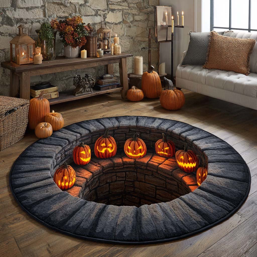 Pumpkin Ring Dungeon Halloween Quilted Round Mat Halloween Pumpkins Well Round Rug