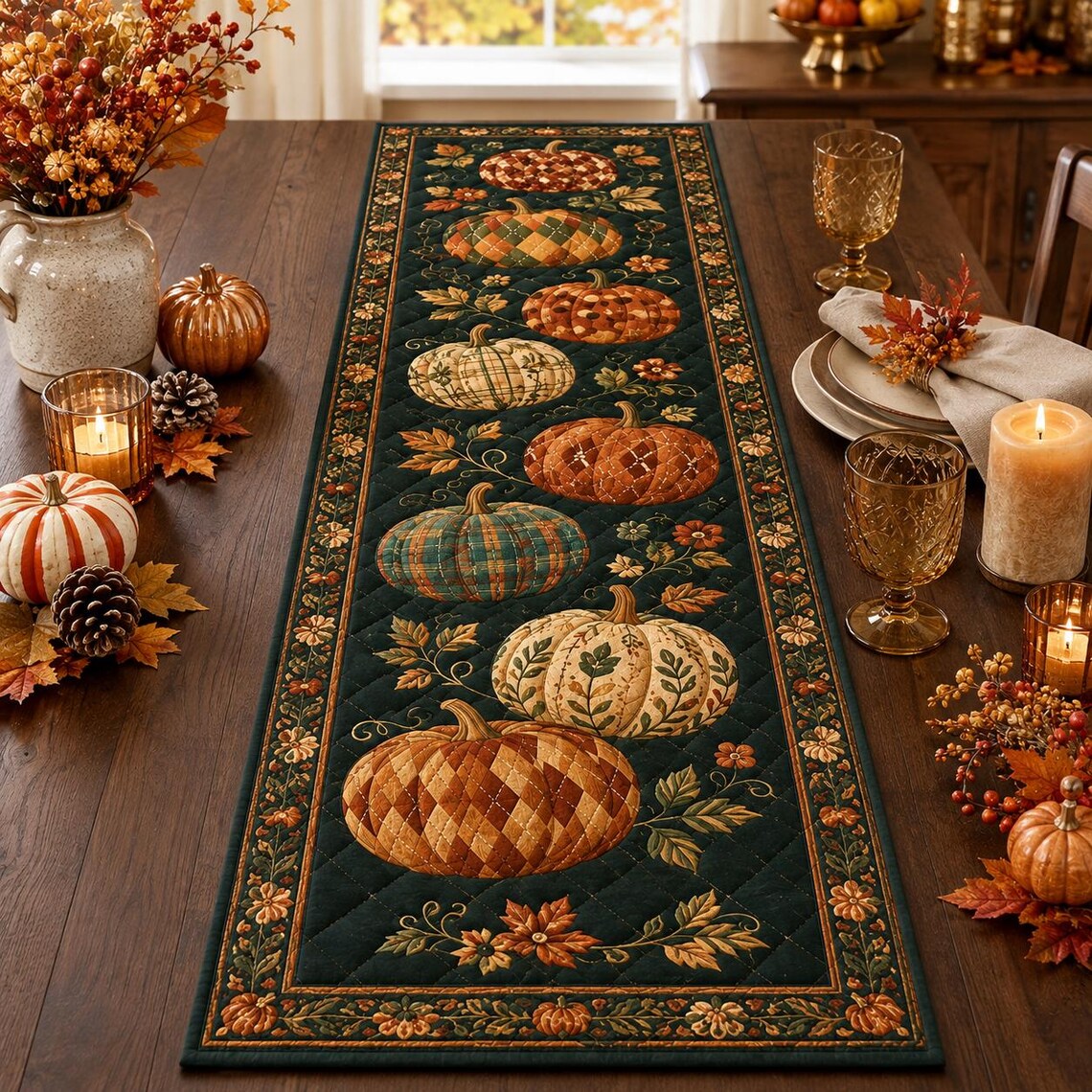 Pumpkin Rustic Autumn Quilt Table Runner Harvest Dining Merch Gift For Families