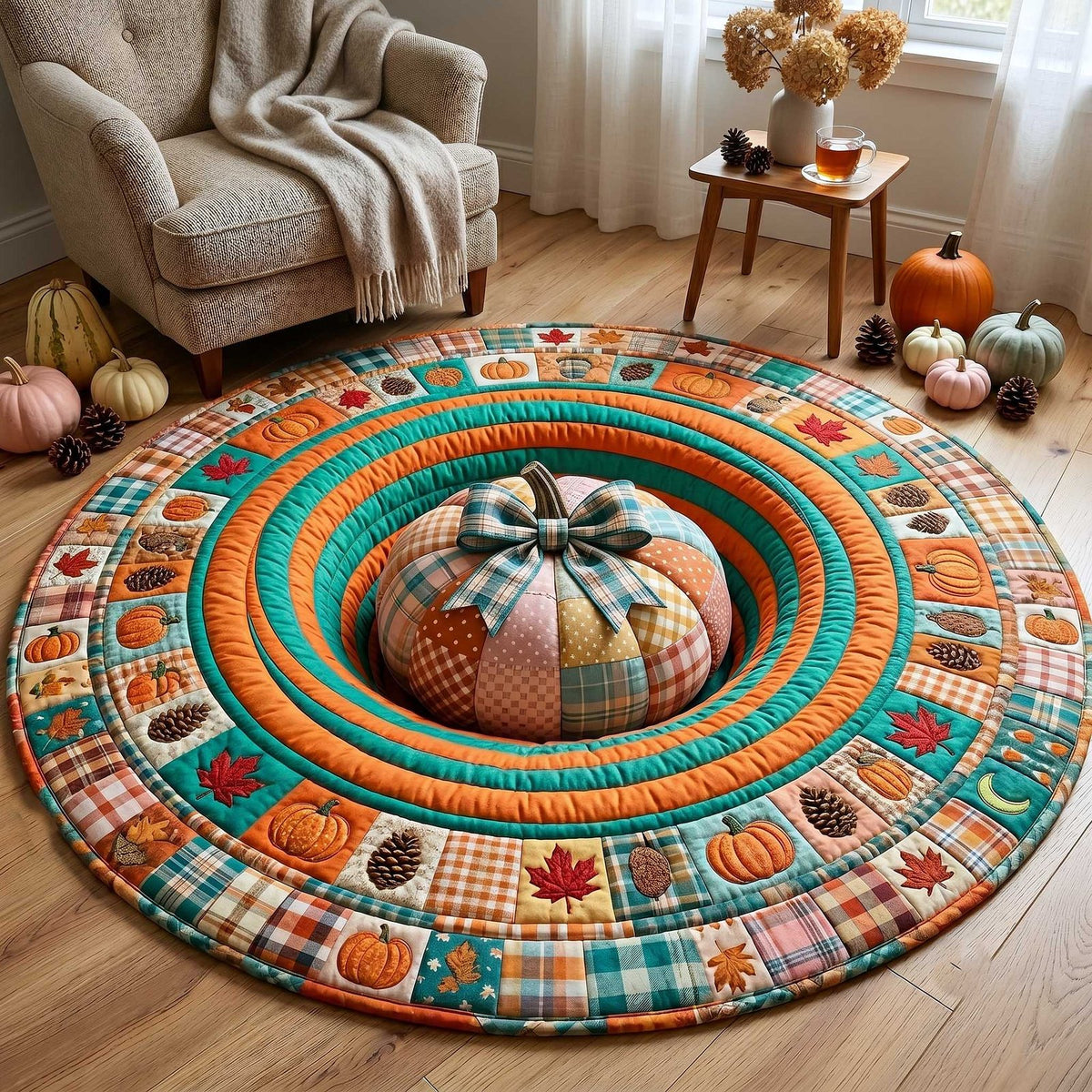 Pumpkin Season Halloween Quilted Round Mat Pumpkin Patchwork Merch Halloween Room Lover
