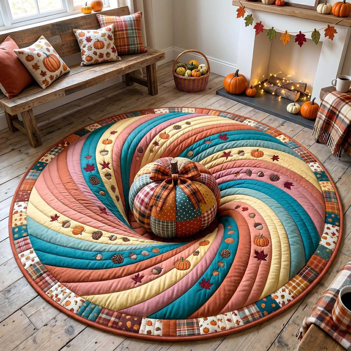 Pumpkin Season Halloween Quilted Round Mat Pumpkin Patchwork Swirl Round Rug Gift For Halloween