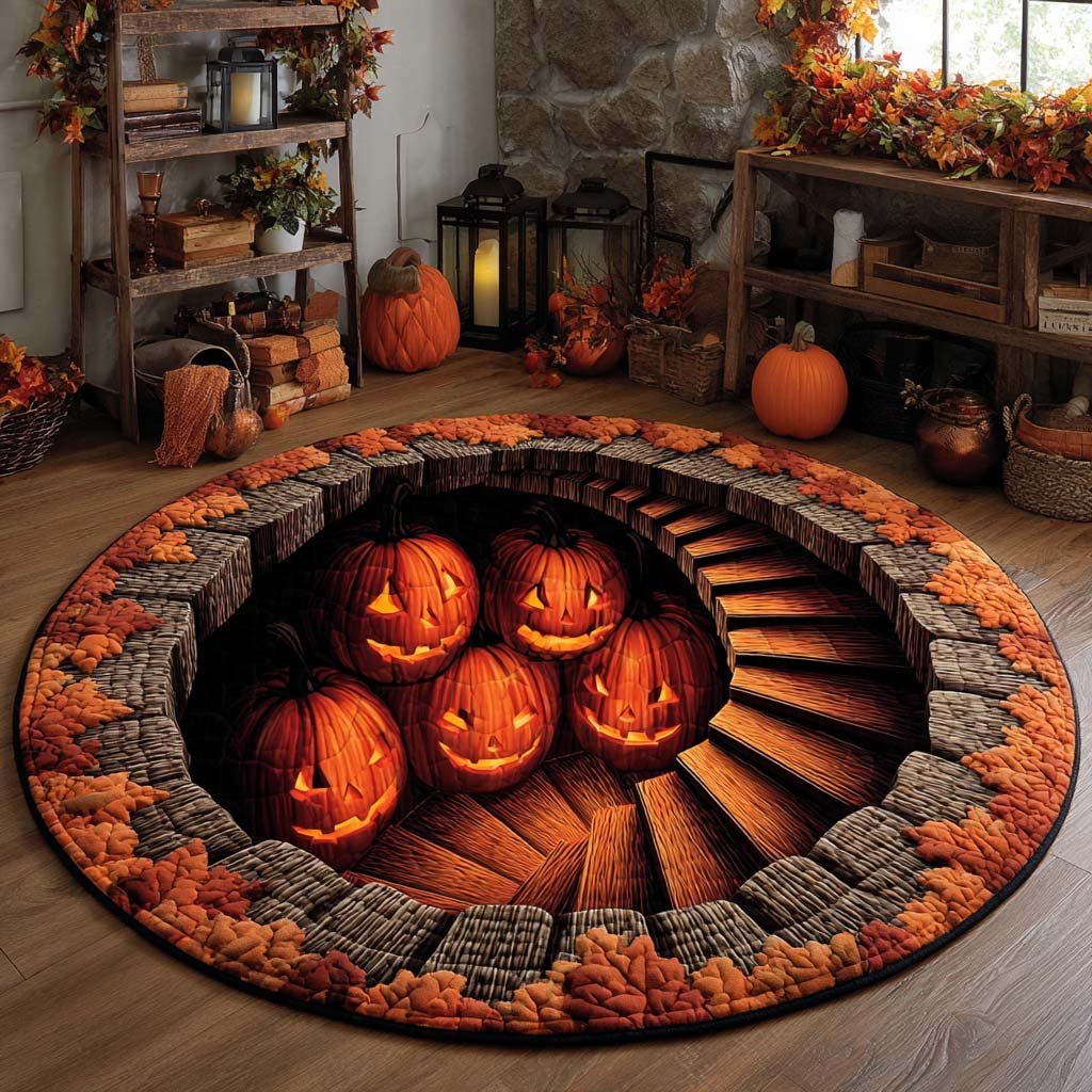 Pumpkin Staircase Illusion Halloween Quilted Round Mat Halloween Pumpkins Round Rug Gift Ideas