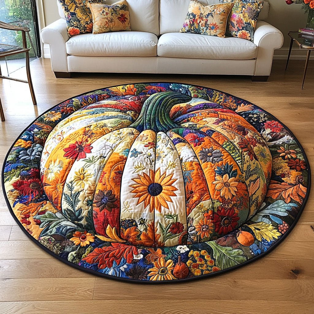 Pumpkin Vibes Halloween Quilted Round Mat Pumpkin Floral Patchwork Round Rug Gift For Halloween