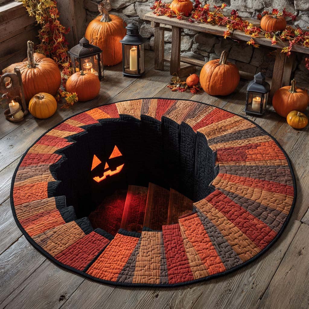 Pumpkins Descent Halloween Quilted Round Mat Halloween Pumpkin Staircase Round Rug