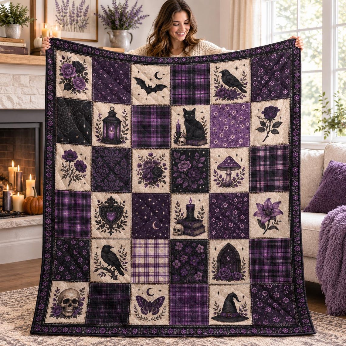 Purple Gothic Quilt Blanket With Floral Throw Blanket Black Cat Raven Gift Ideas