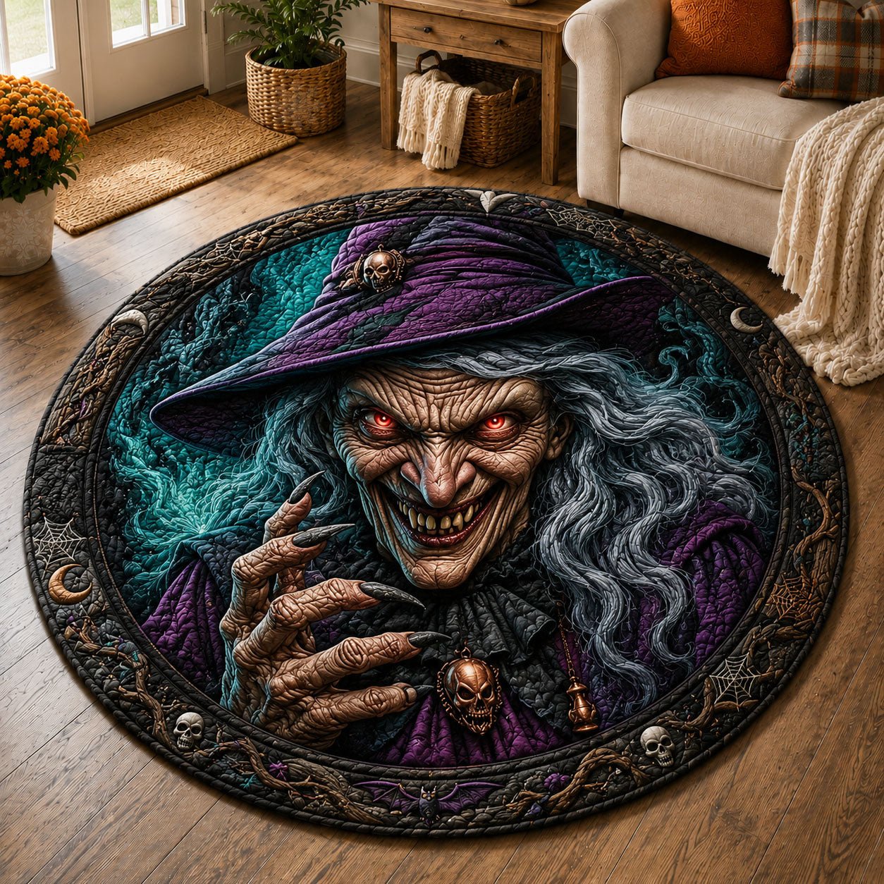 Purple Moon Witch Halloween Quilted Round Mat Wicked Witch Halloween Merch Halloween Room Gift