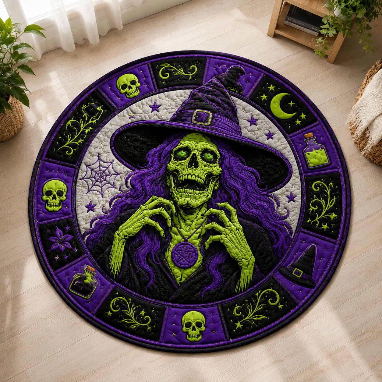Purple Skeleton Witch Halloween Quilted Round Mat Witch Skeleton Round Rug Gifts