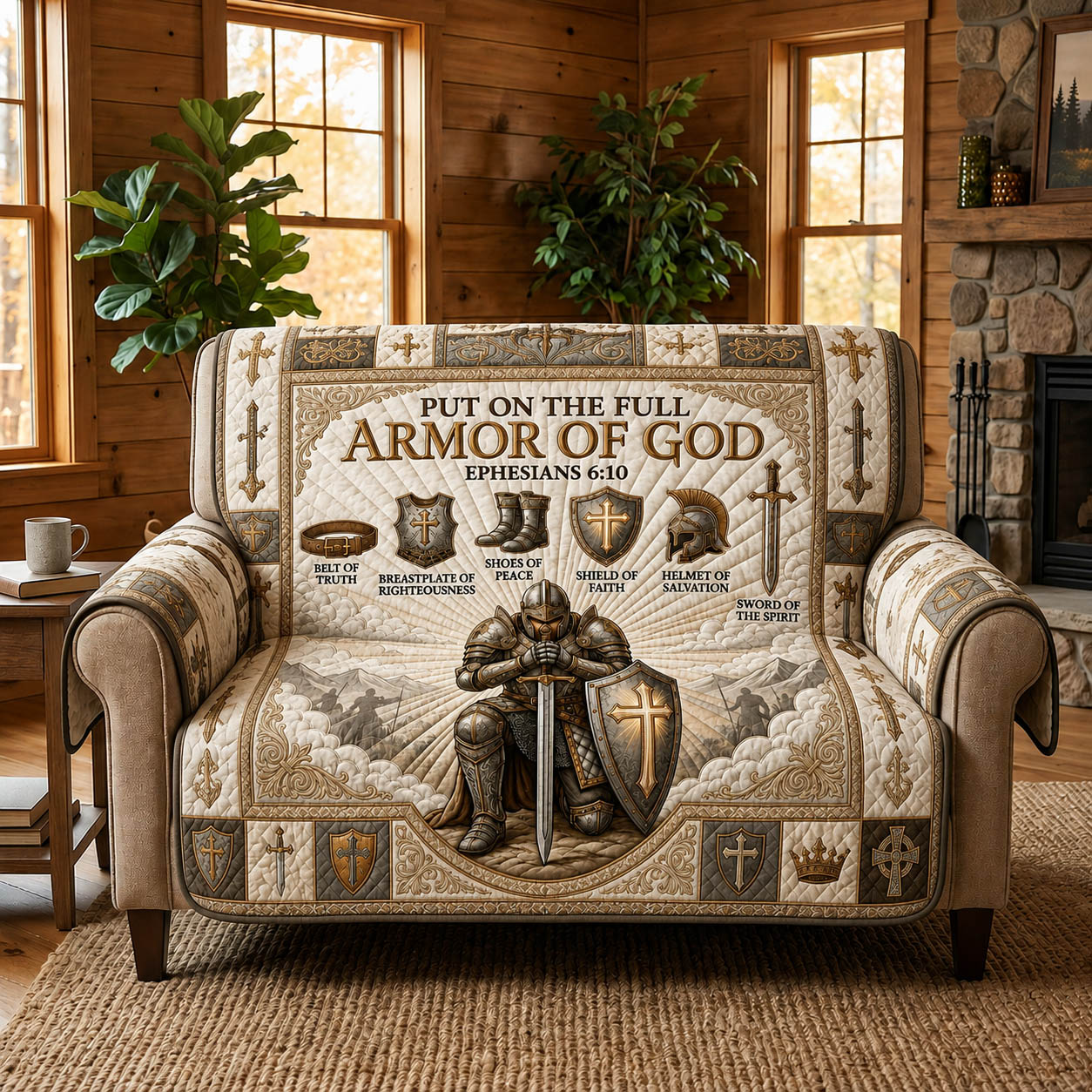 Put On The Full Armor Of God Quilted Sofa Cover Rustic Put Couch Cover Gifts For Room Decor