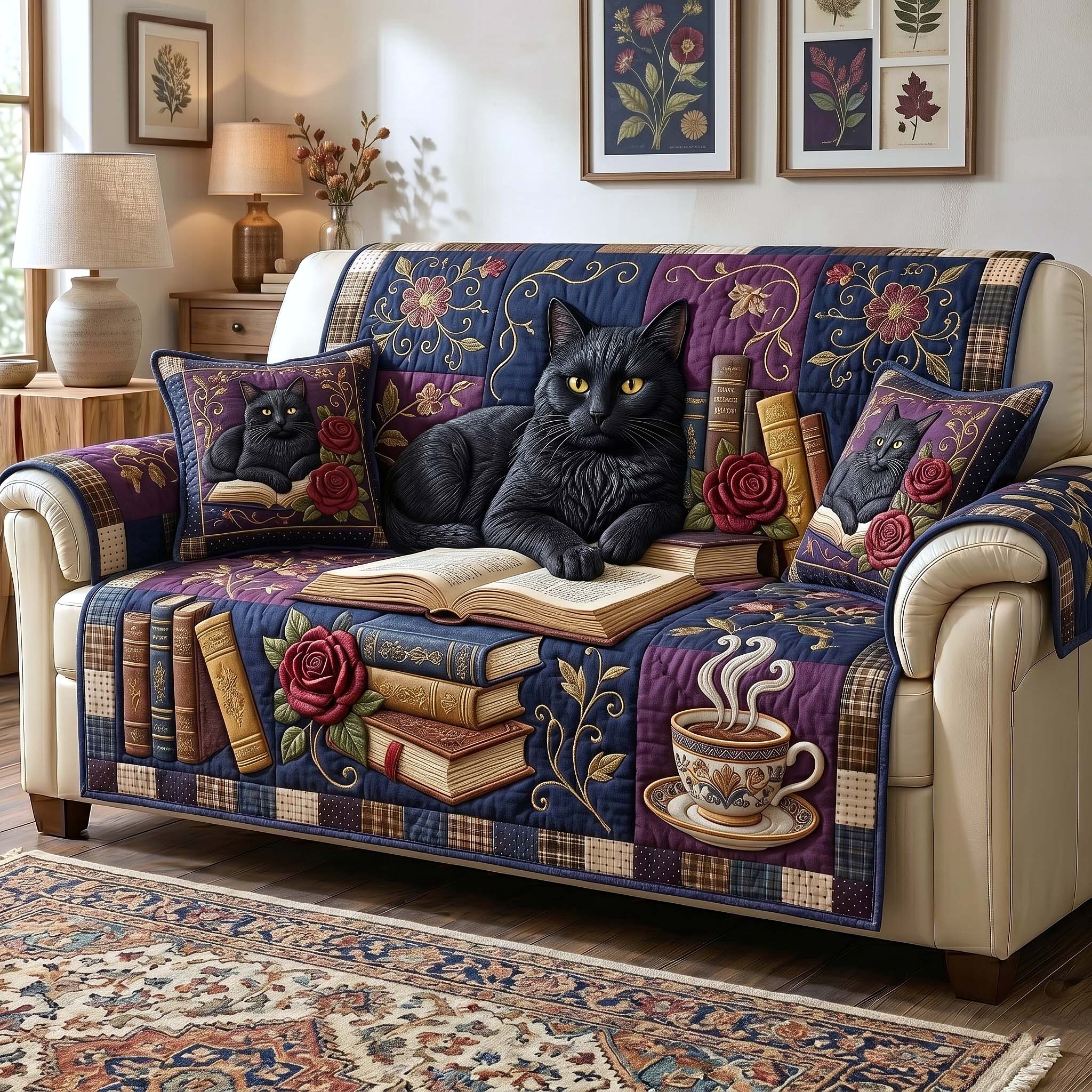 Reading Nook Quilted Sofa Cover Bookish Charm Couch Cover Present For House Lovers