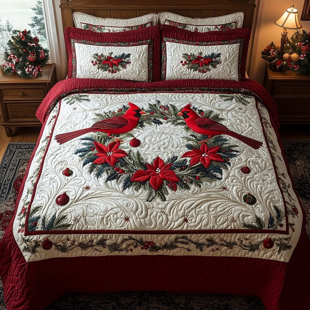 Red Cardinal Chorus Christmas Quilted Bedding Set Duvet Cover Xmas Holiday Spring Gifts