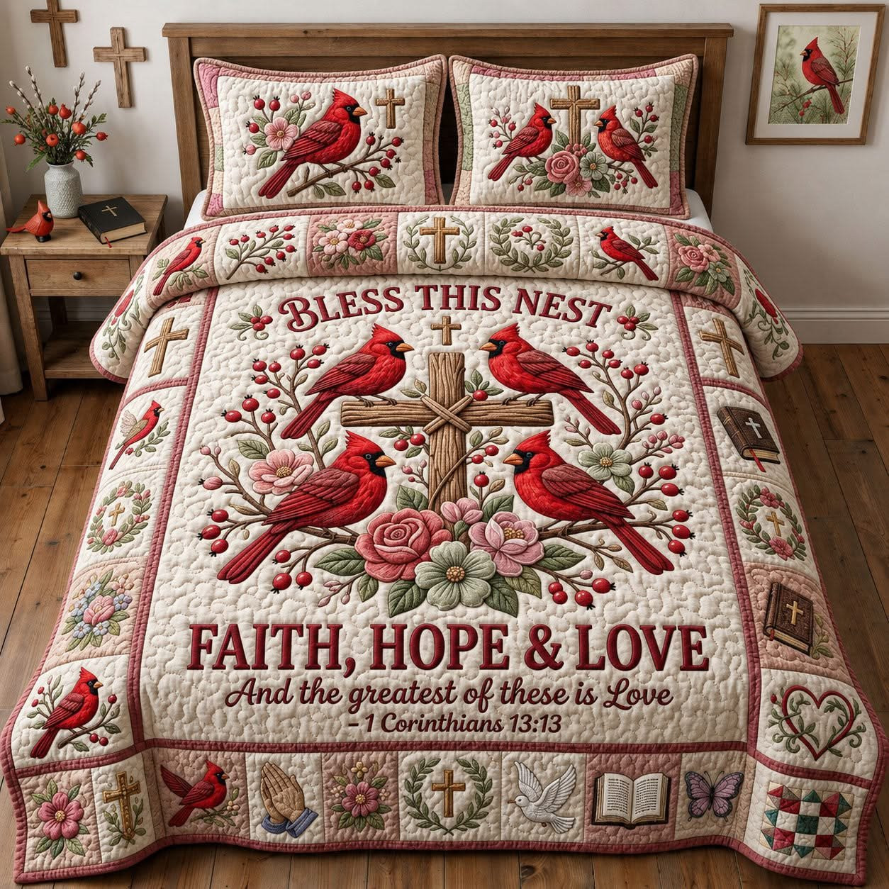 Red Cardinal Faith Hope Love Quilted Bedding Set Scripture Bible Verse Floral Bed Decor Gift Ideas