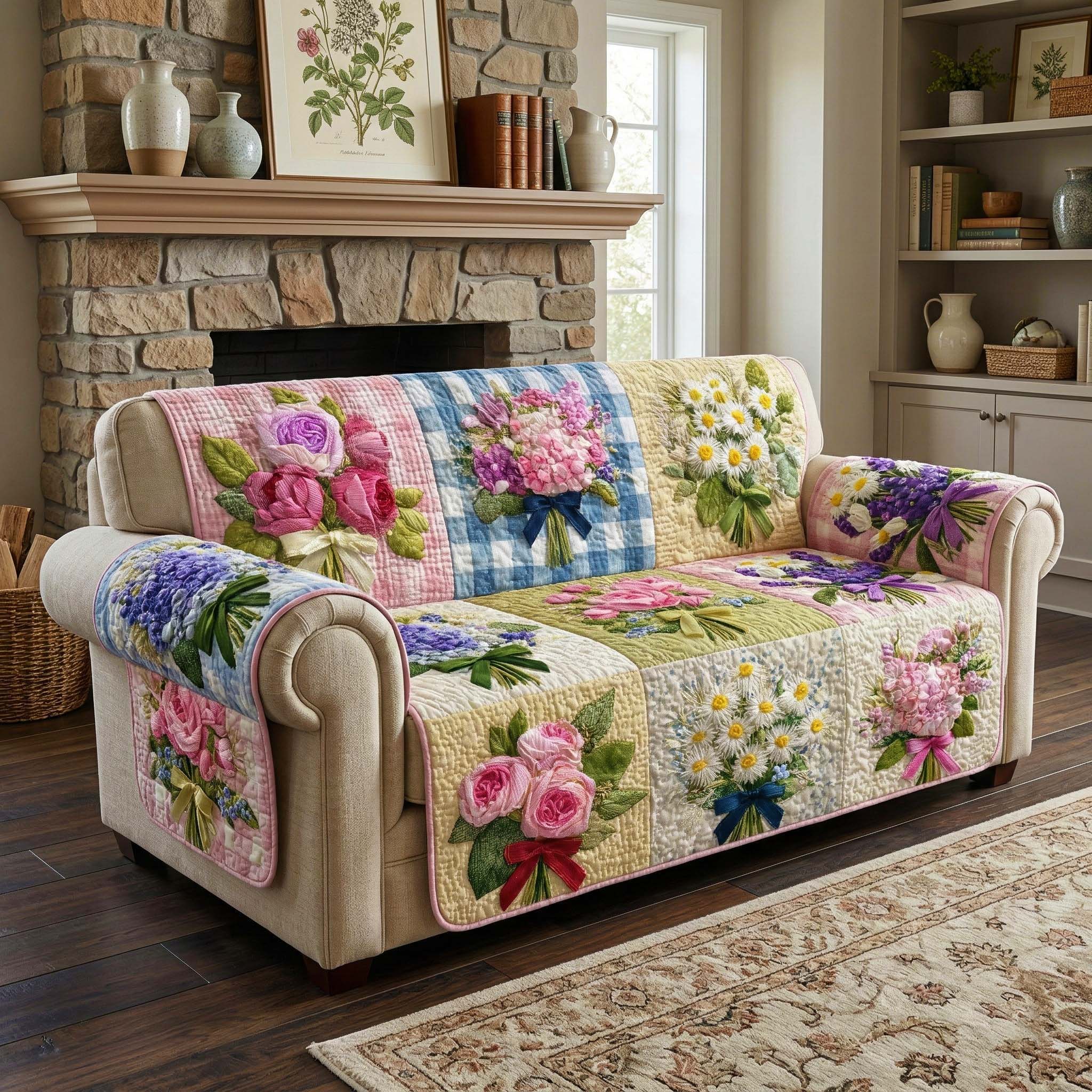 Ribbon Bouquet Quilted Sofa Cover Cozy Ribbon Couch Cover Cute Room Decor