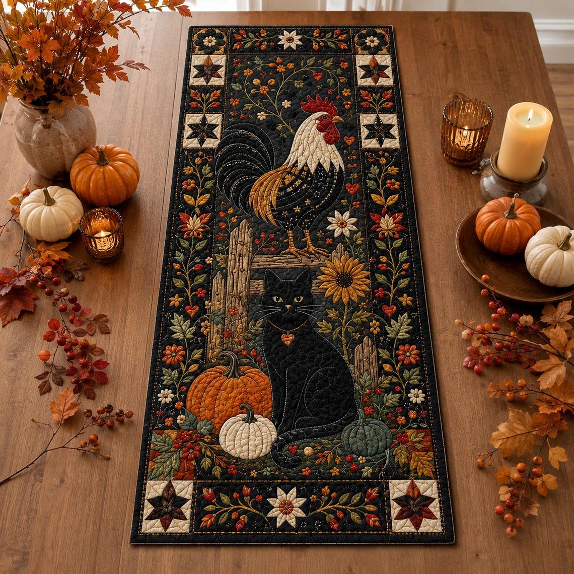Rooster Black Cat Quilt Table Runner Dark Plaid Halloween Farmhouse Kitchen Merch Party Gift