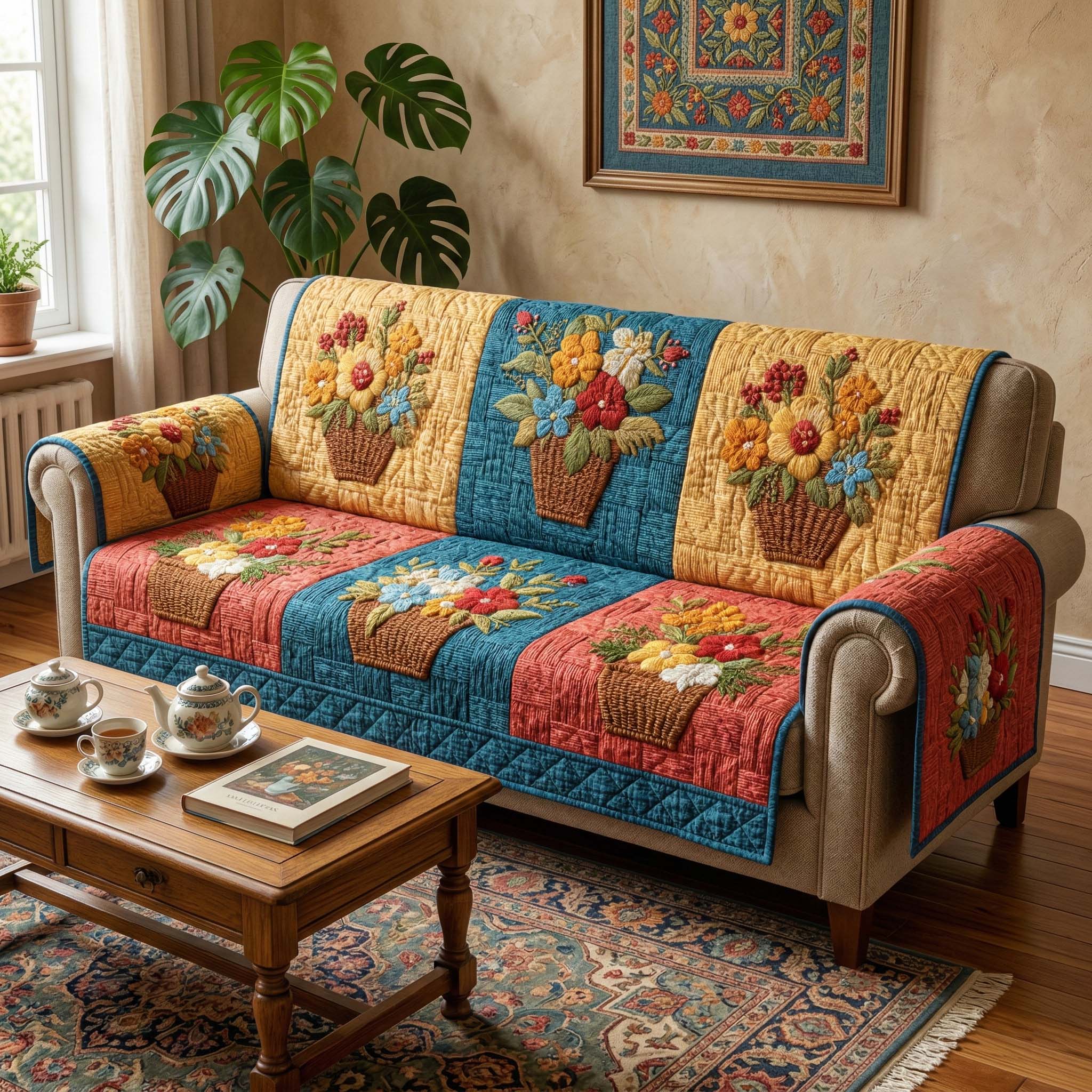 Rustic Basket Quilted Sofa Cover Vintage Rustic Couch Cover Gift For New Homeowners