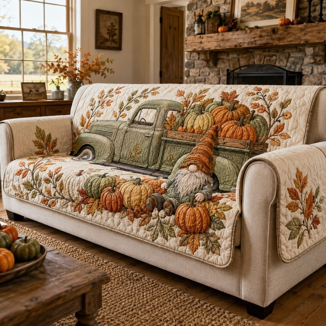Rustic Fall Truck Gnome Quilt Sofa Cover Autumn Pumpkin Patchwork Couch Protector Decor Thanksgiving Gift