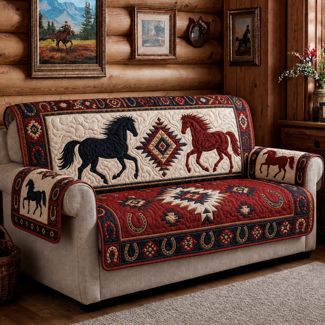 Rustic Horse Quilted Sofa Cover Rustic Horse Couch Cover Gift For Home Lover