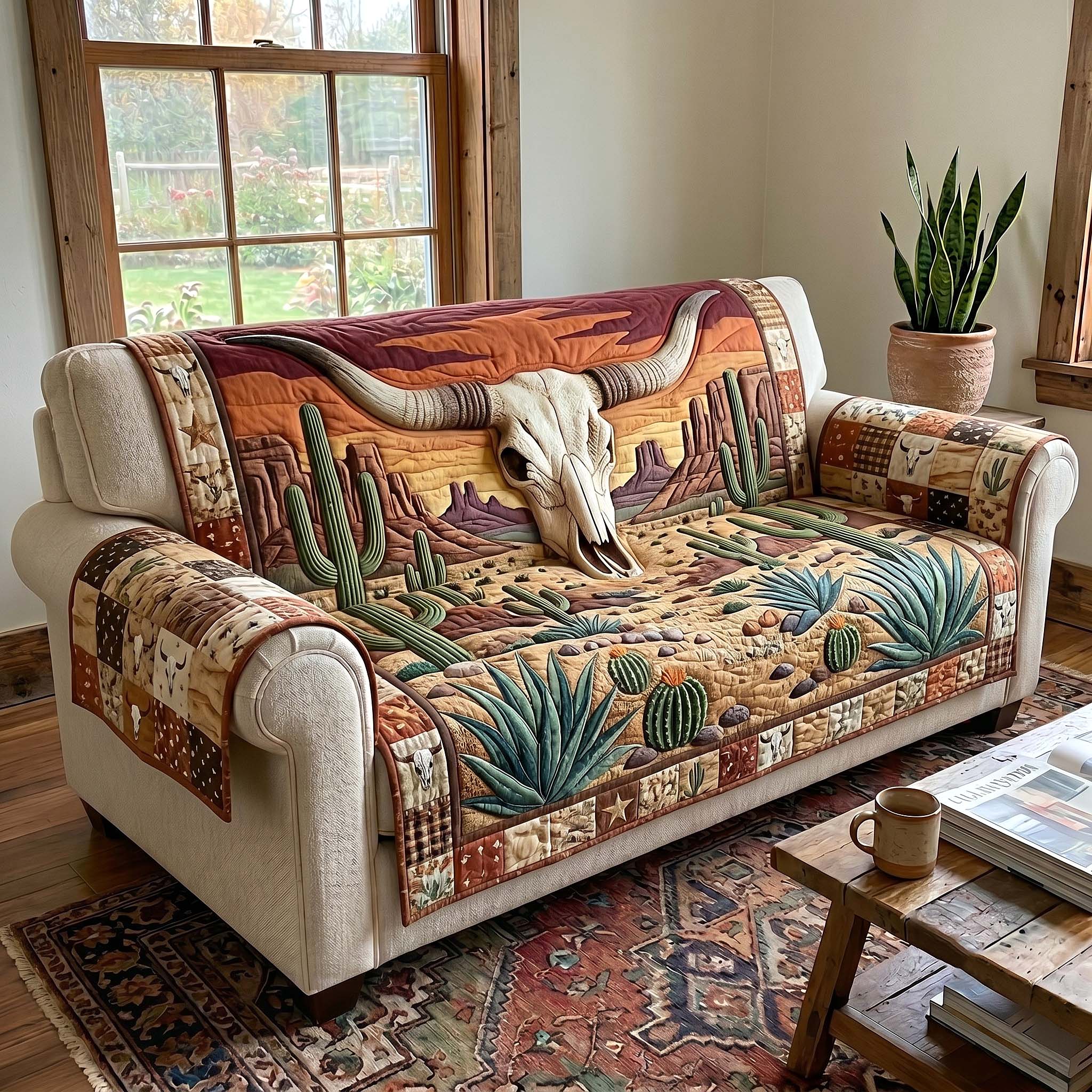 Rustic Longhorn Quilted Sofa Cover Rustic Heritage Couch Cover Perfect Housewarming Gift Ideas