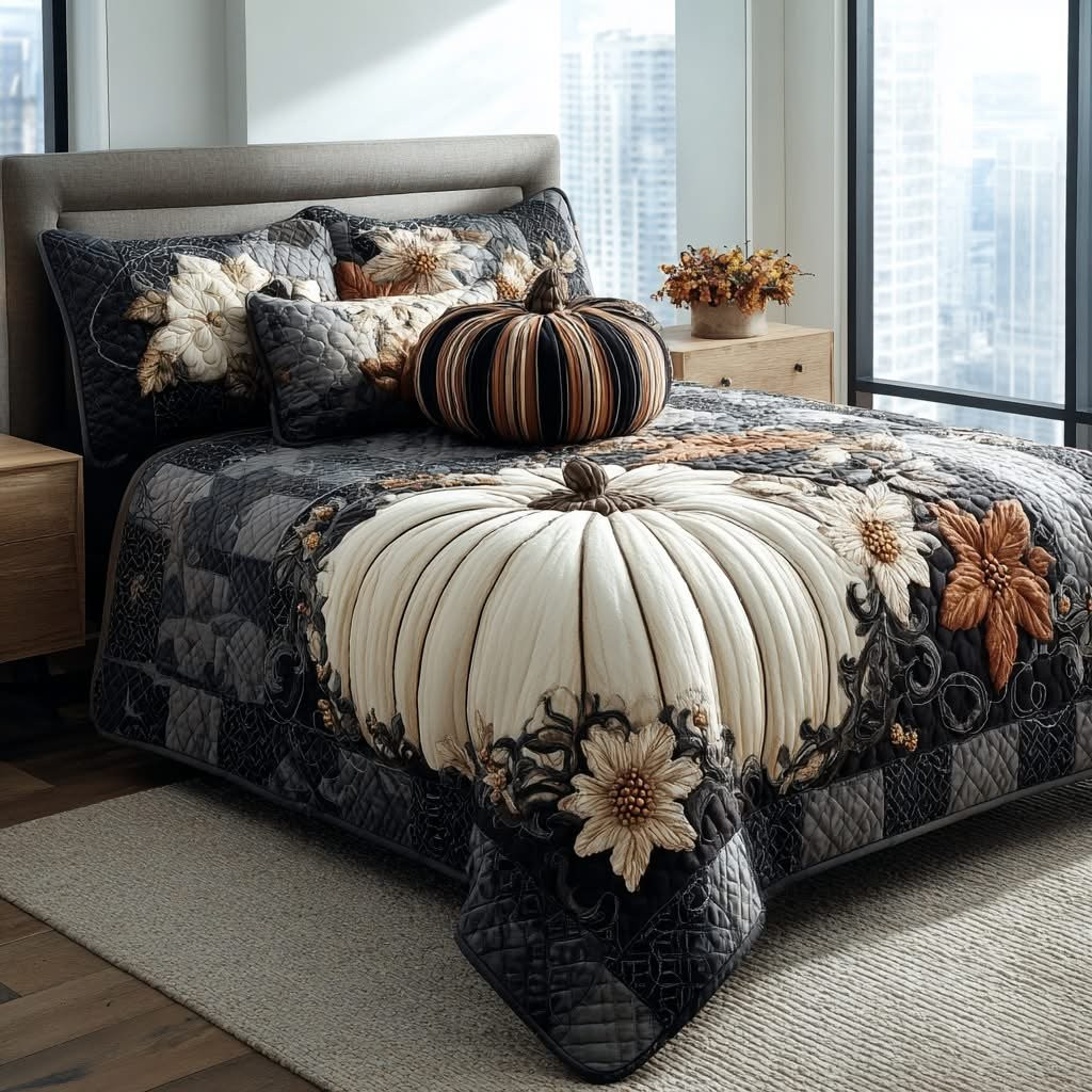 Rustic White Pumpkin Quilt Bedding Set Charcoal Grey Autumn Floral Bedroom Decor Thanksgiving Gift For Mom