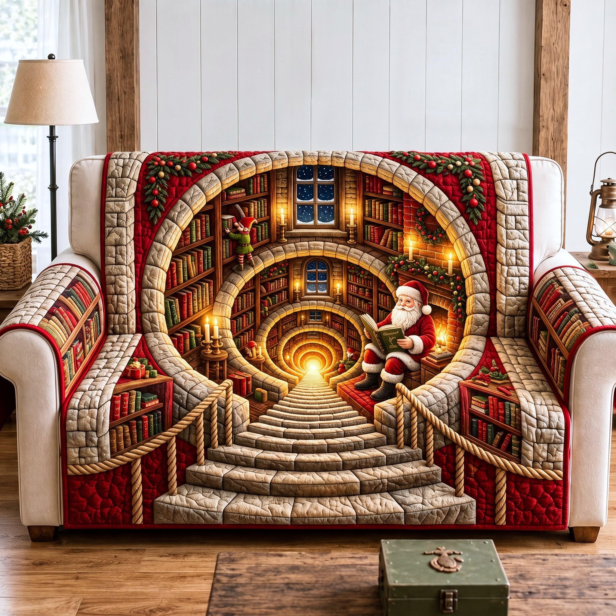 Santa Library Throw Quilted Sofa Cover Santa Cheer Couch Cover Room Gift