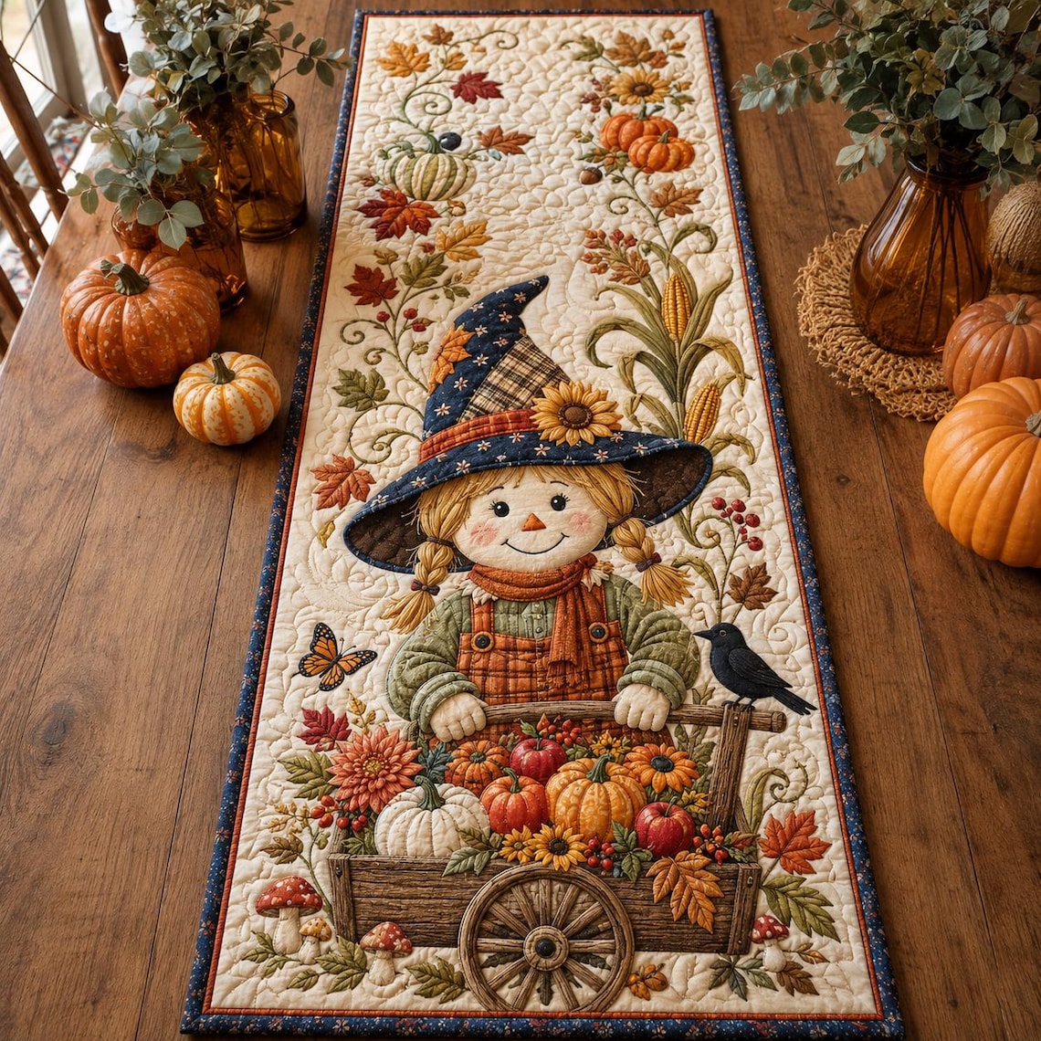 Scarecrow Fall Pumpkin Quilt Table Runner Thanksgiving Merch Gift For Autumn