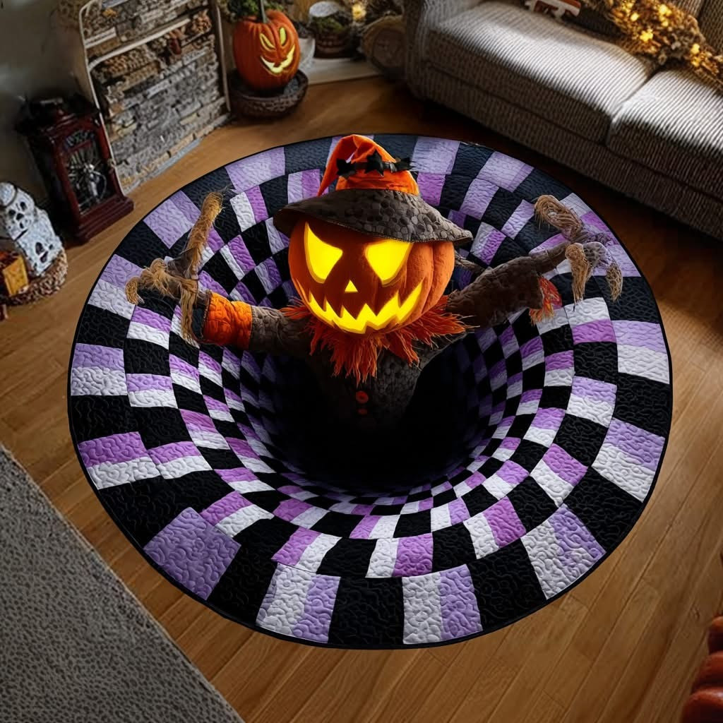 Scarecrow Pumpkin Halloween Hollow Whirl Quilted Round Mat Spooky Abyss Swirl Rug Decor