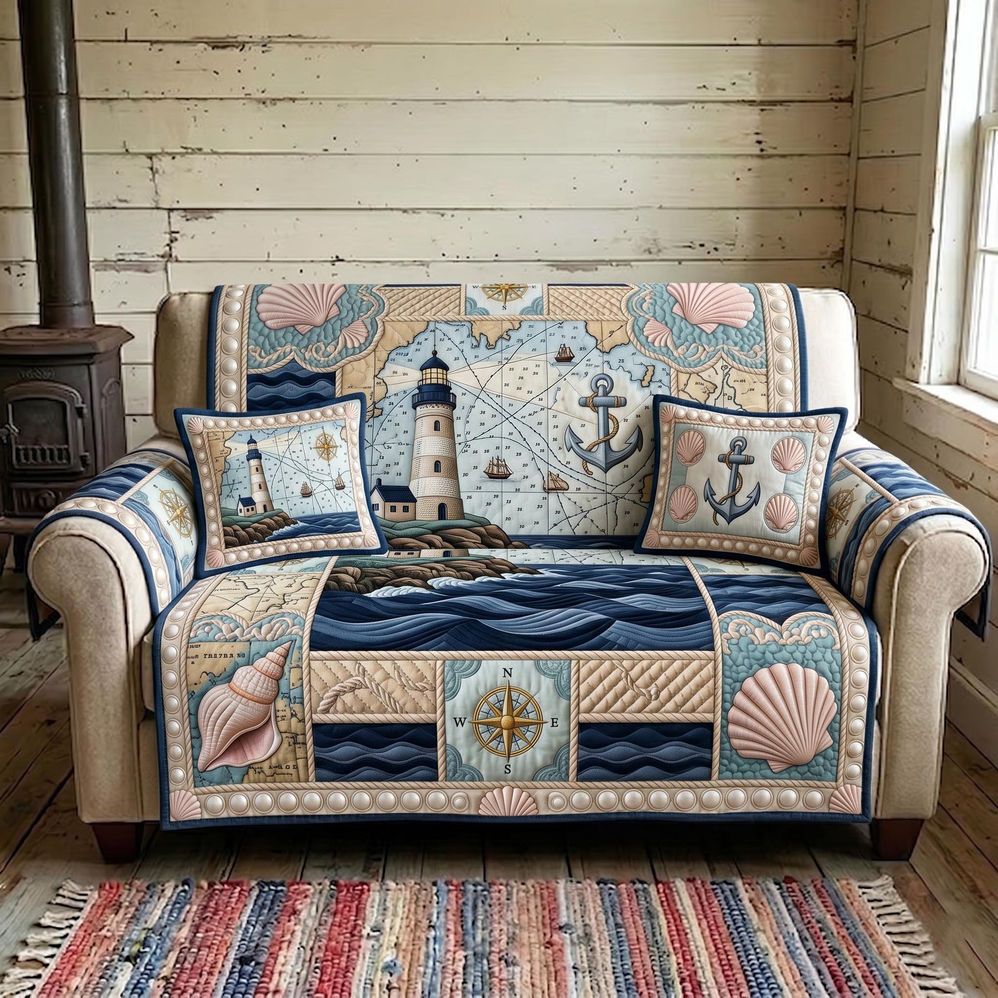 Sea Escape Quilted Sofa Cover Rustic Sea Couch Cover Great Housewarming Gift Ideas