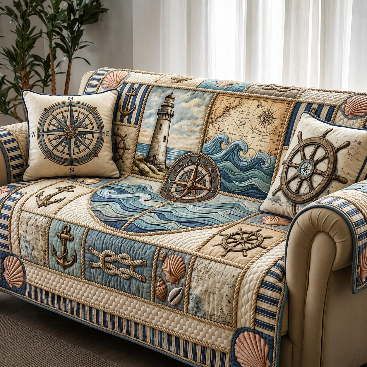 Sea Escape Quilted Sofa Cover Vintage Sea Couch Cover Perfect Housewarming Gift Ideas