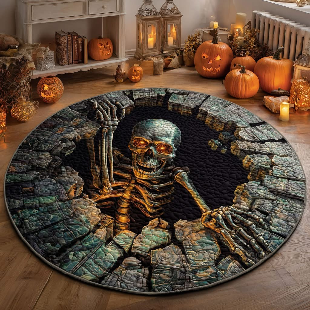 Skeleton Bone Riser Halloween Quilted Round Mat Circle Rug Carpet Indoor House Decorations
