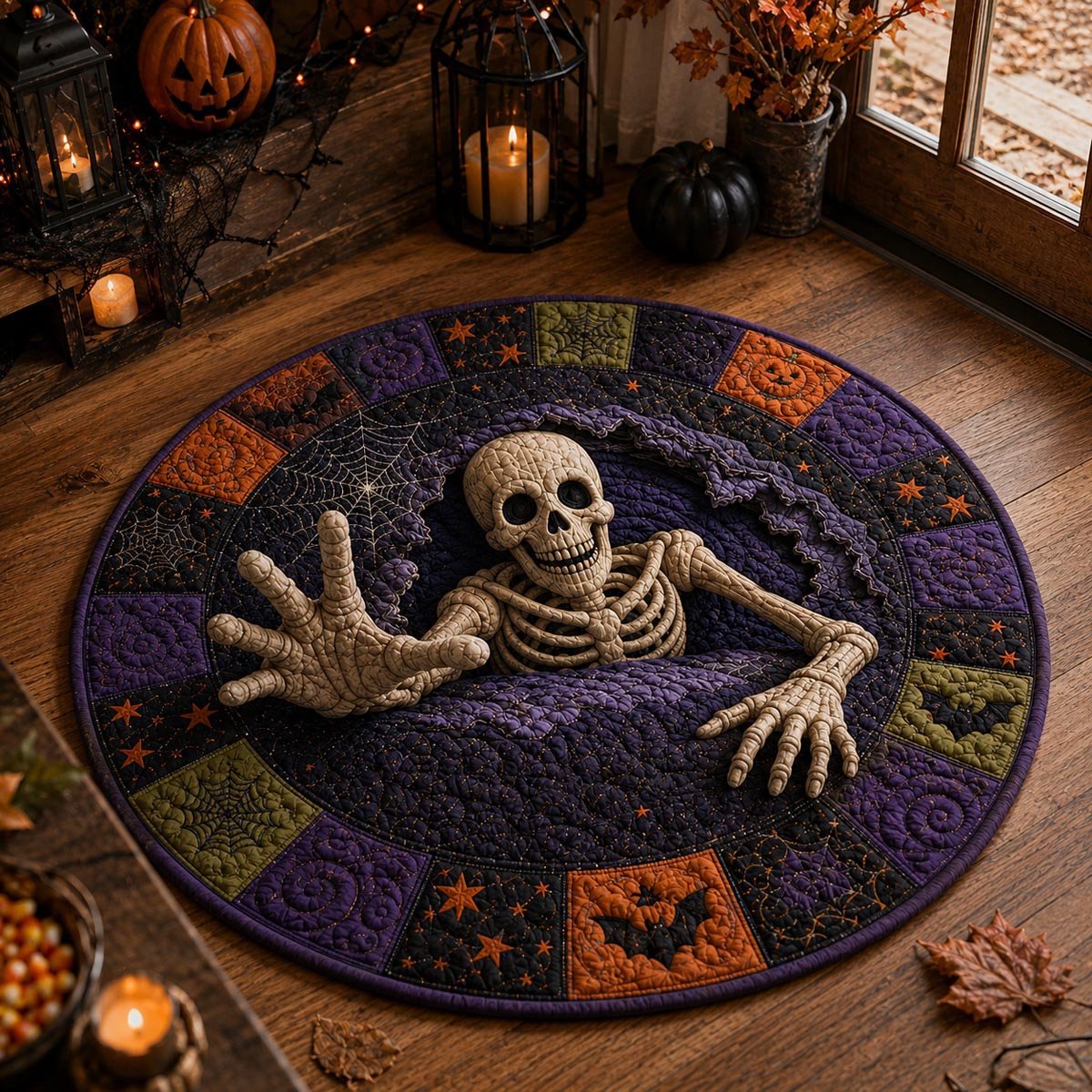 Skeleton Breakout Halloween Quilted Round Mat Skeleton Halloween Merch Halloween Home Gifts Her
