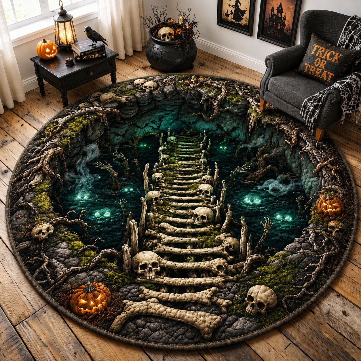 Skeleton Bridge Swamp Halloween Quilted Round Mat Halloween Skeletons And Pumpkins Round Rug