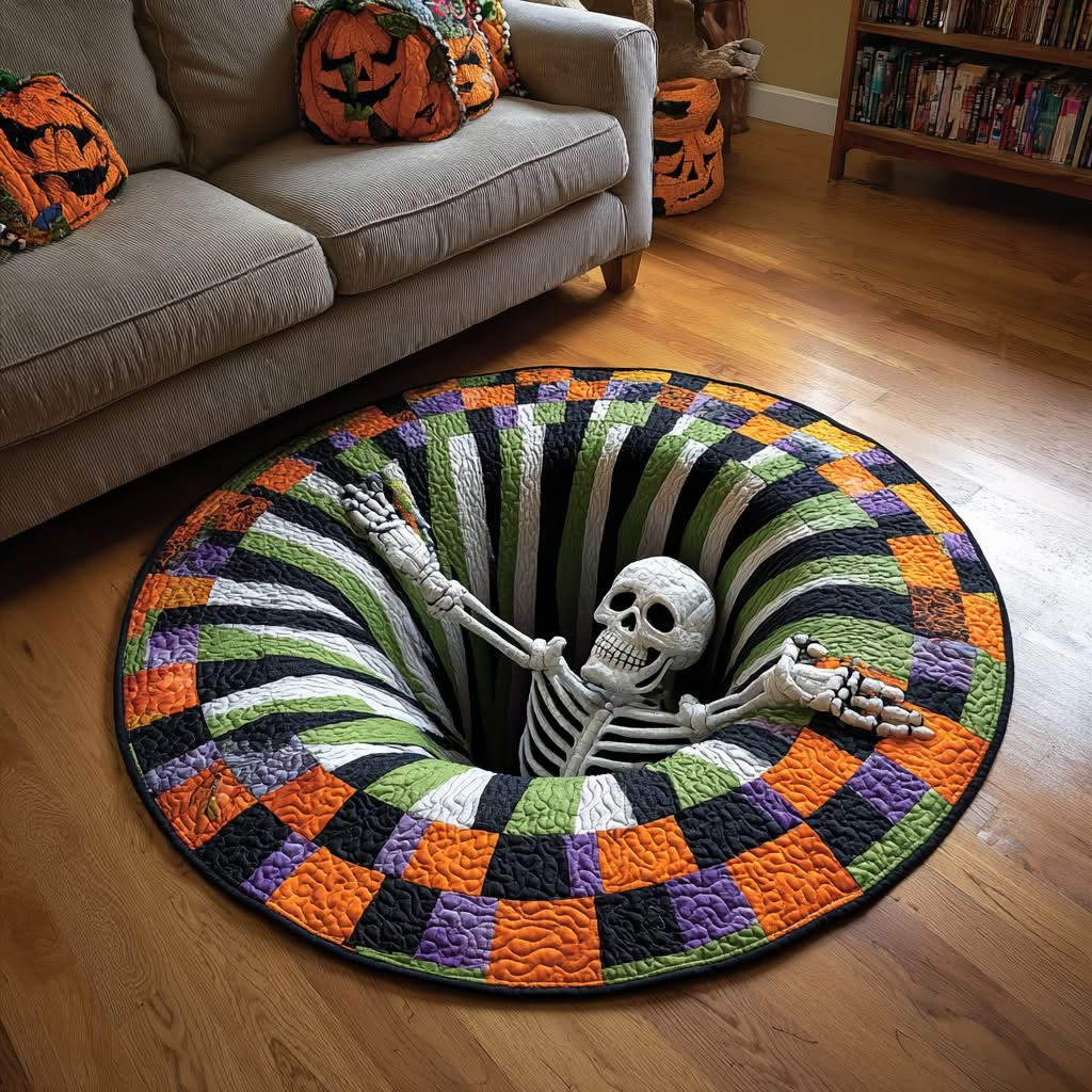 Skeleton Candy Corn Abyss Hollow Whirl Halloween Quilted Round Mat Funny Circle Rug