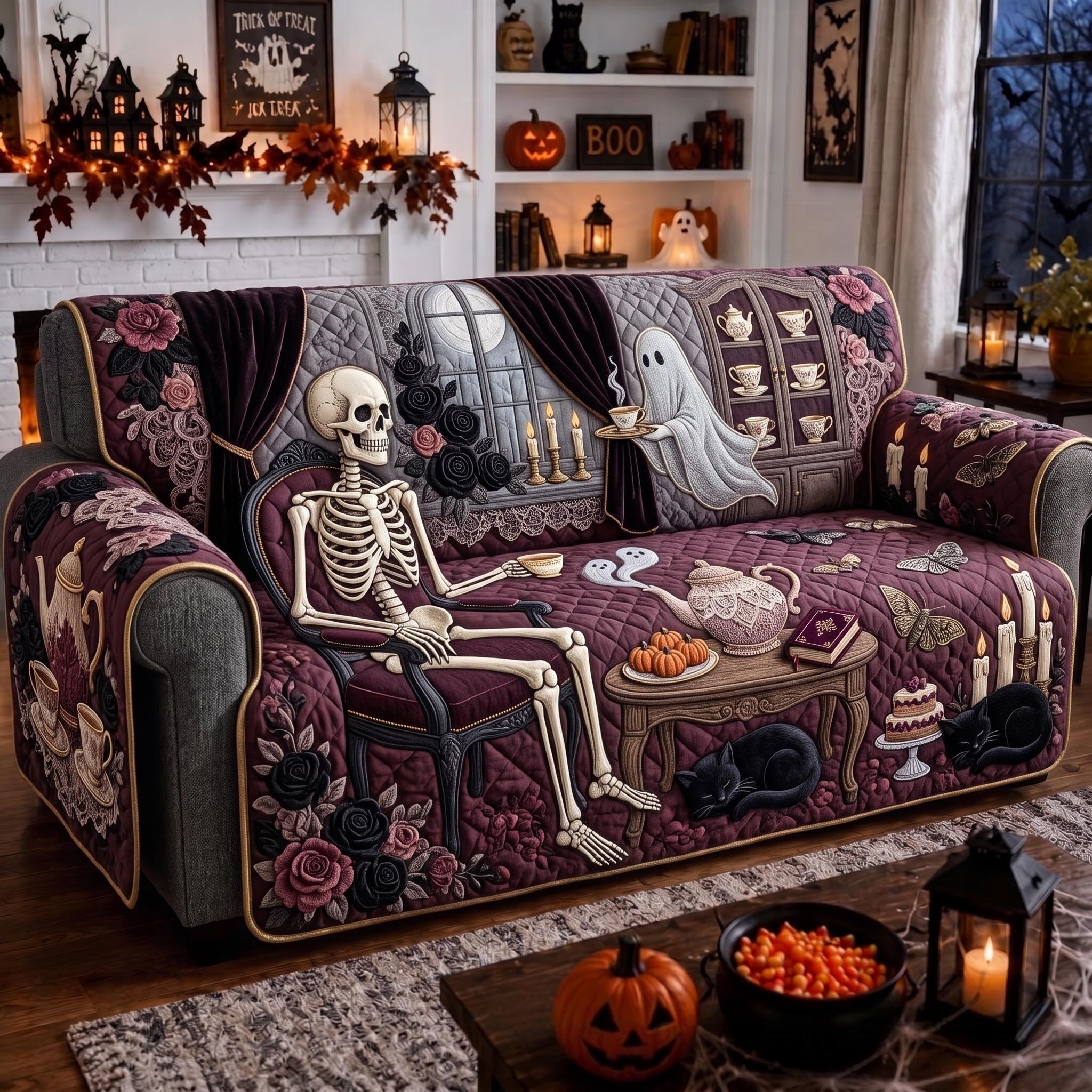 Skeleton Charm Quilted Sofa Cover Skeleton Charm Couch Cover Perfect Housewarming Gift Ideas