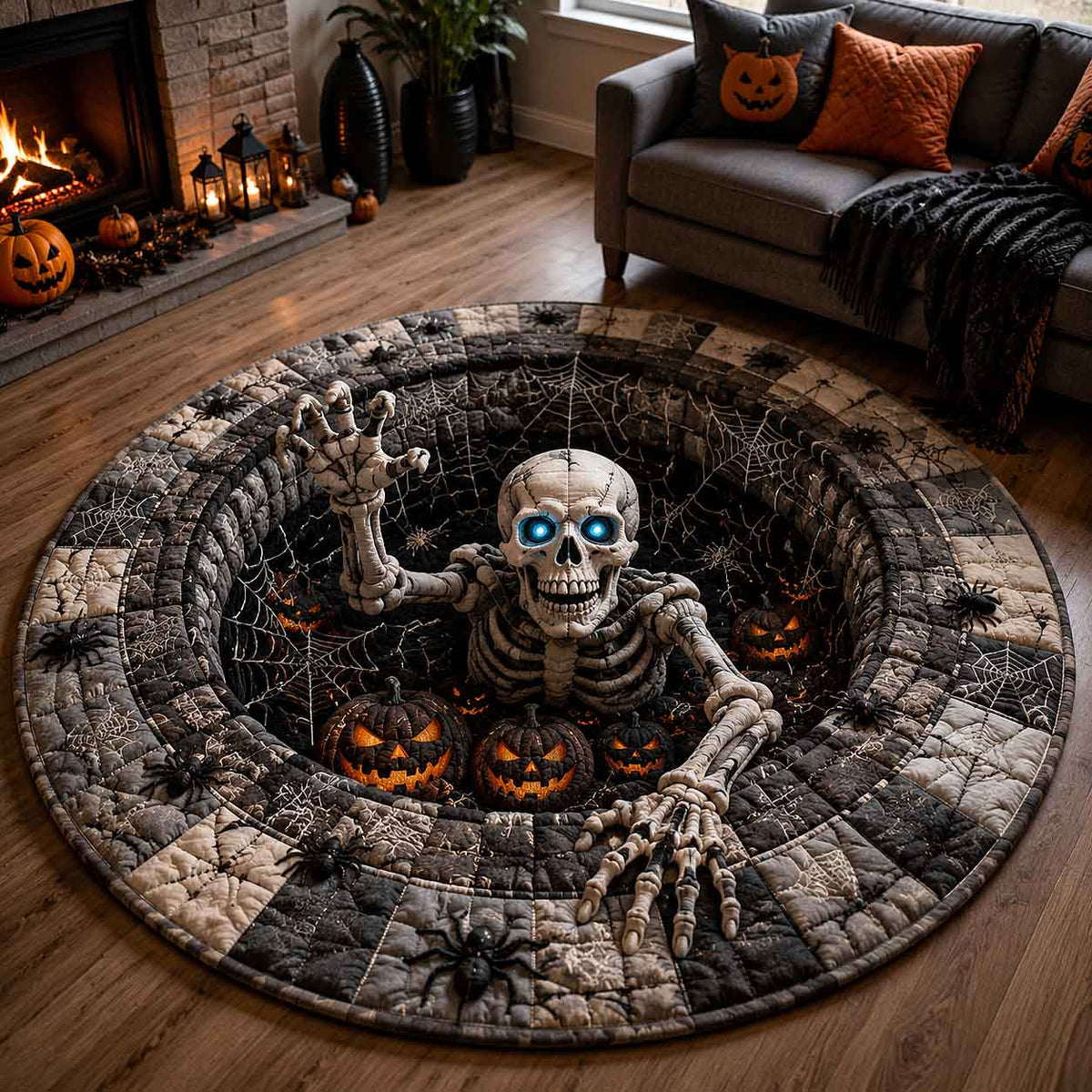 Skeleton Crawling Grave Quilted Round Mat Skeleton And Pumpkins Round Rug Spooky Gifts For Him