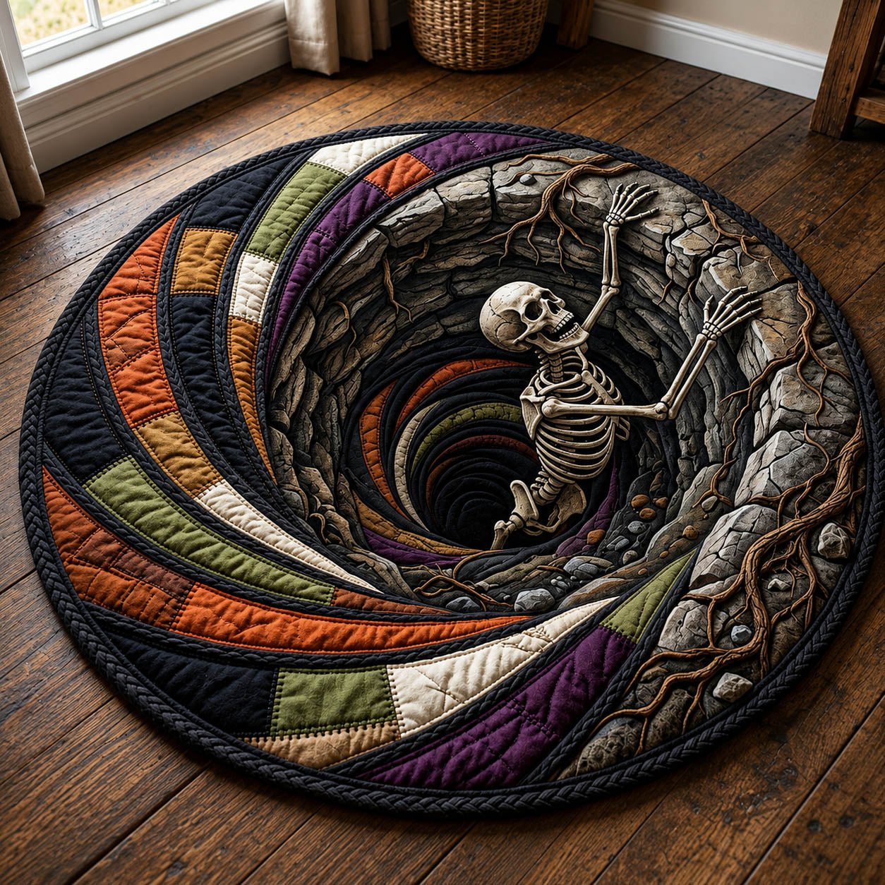 Skeleton Escaping Vortex Halloween Quilted Round Mat Skeleton Hole Round Rug Spooky Decor Gift