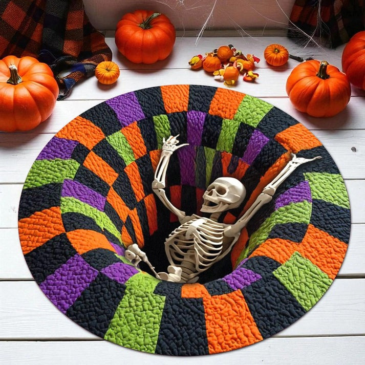 Skeleton Faux Halloween Quilted Round Mat Spiral Abyss Hollow Rug Indoor Decorations Gifts