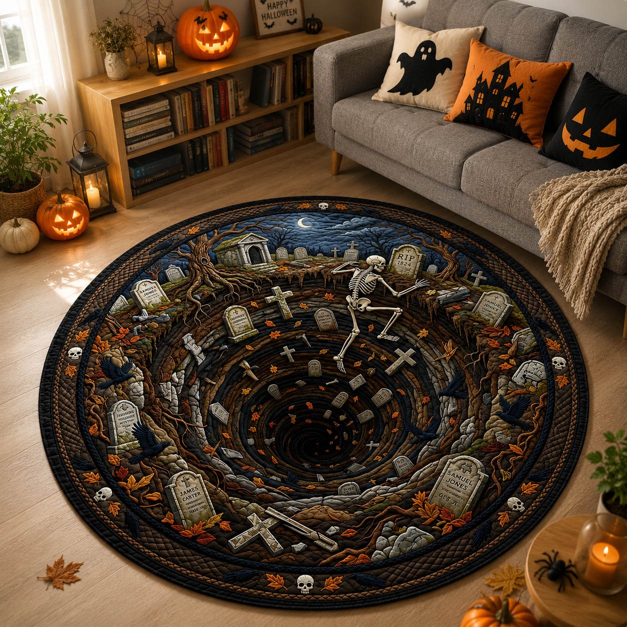 Skeleton Graveyard Halloween Quilted Round Mat Skeleton Graveyard Spiral Round Rug