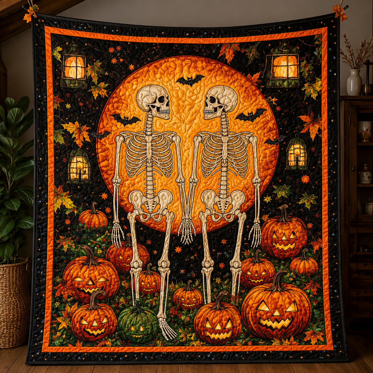 Skeleton Halloween Quilt Blanket Spooky Pumpkin Gothic Halloween Throw Moon Skeleton Decor Gift