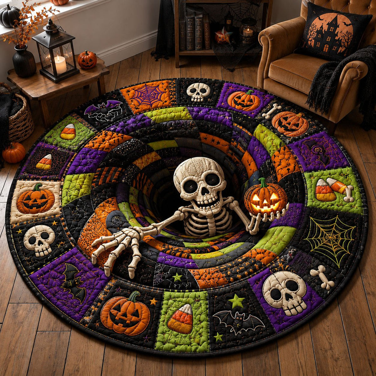 Skeleton Pumpkin Spiral Halloween Quilted Round Mat Skeleton And Pumpkin Merch