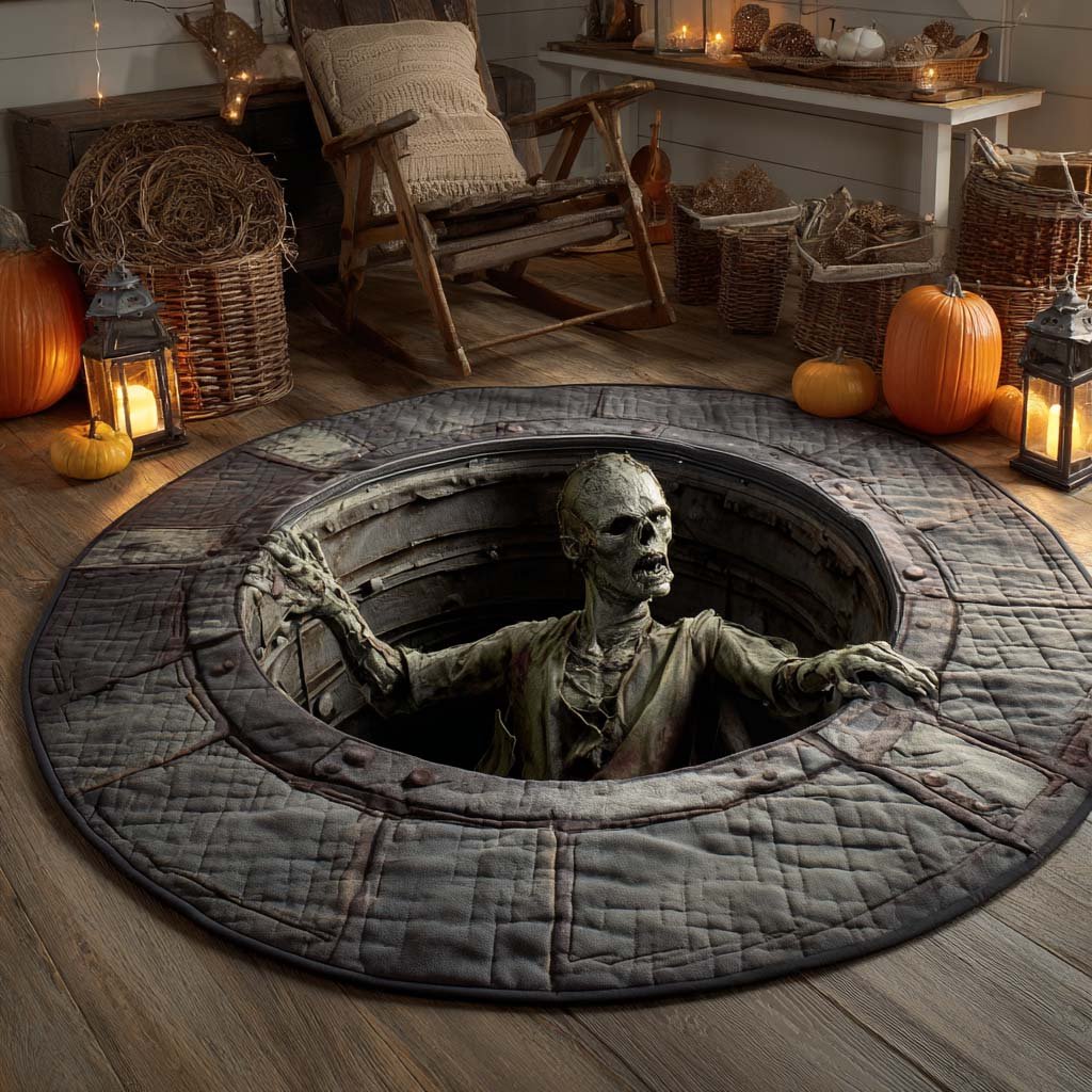 Skeleton Rising Halloween Quilted Round Mat Zombie Emerging Round Rug Halloween Room Lover
