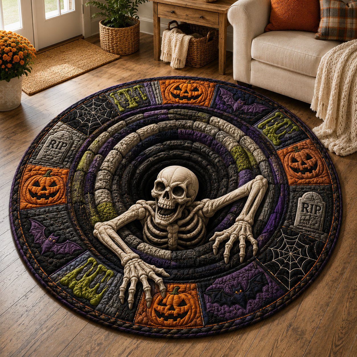 Skeleton Spiral Pit Halloween Quilted Round Mat Skeleton Halloween Tunnel Merch